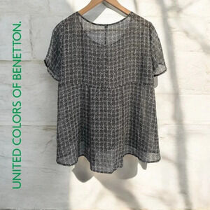 COPY - United Colors of Benetton Sheer Black & White Short Sleeved Blouse Top, …